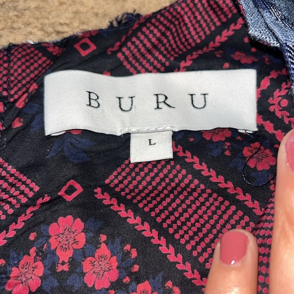 Buru Le V Mod Top Blouse Button Up Back Denim Indigo Hearts Large - Picture 7 of 8